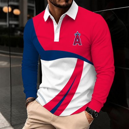[FLASH SALE] NEW CUSTOMIZED MLB27 LAA LOS ANGELES ANGELS MEN'S LONG SLEEVE POLO