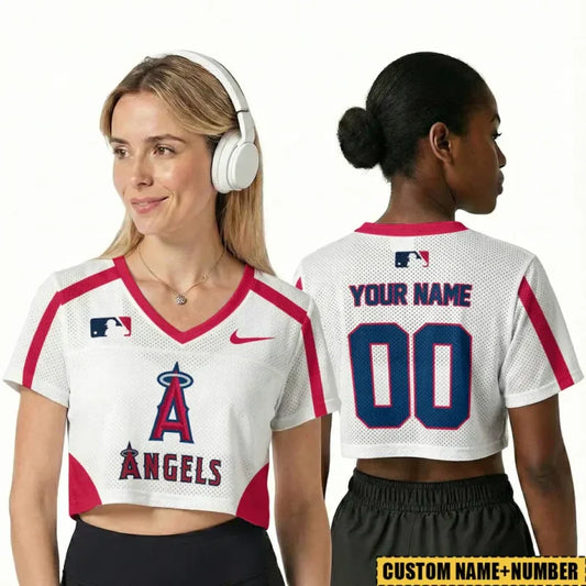 [FLASH SALE] NEW CUSTOMIZED MLB27 LAA LOS ANGELES ANGELS V-NECK JERSEY CROP TOP