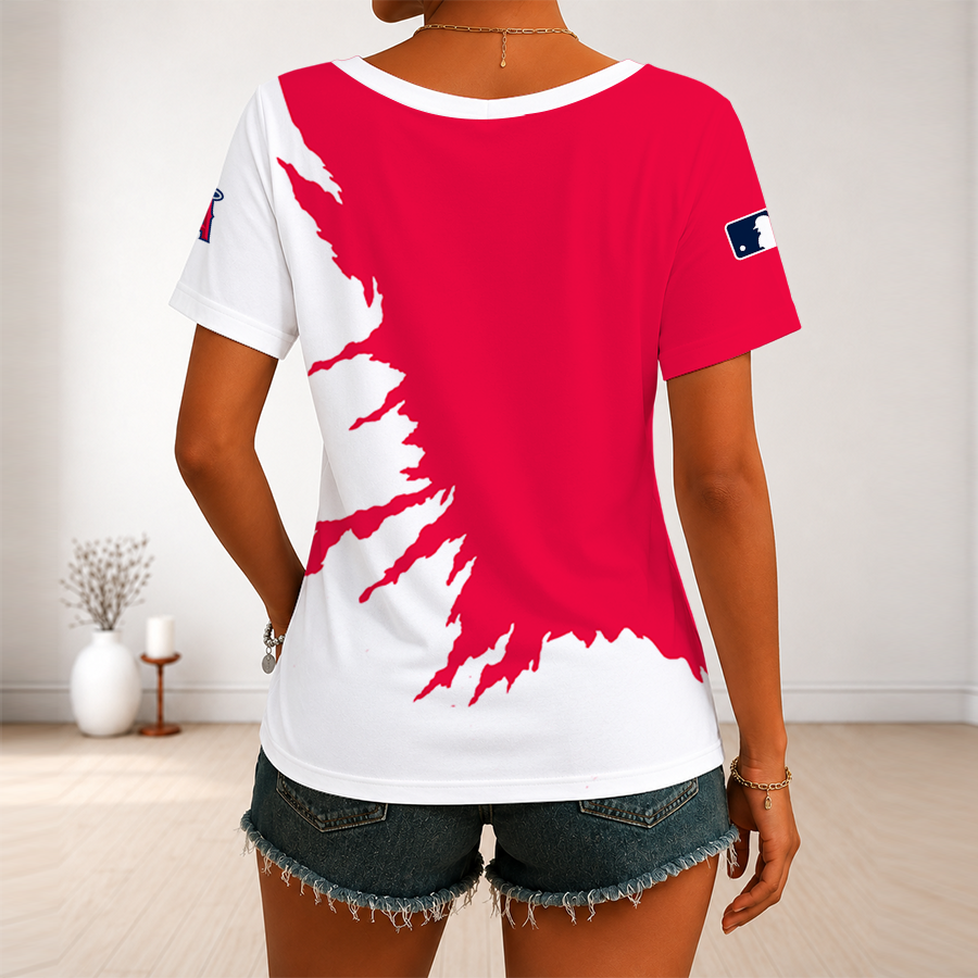 [FLASH SALE] NEW CUSTOMIZED MLB27 LAA LOS ANGELES ANGELS V-NECK FEMALE SHIRT