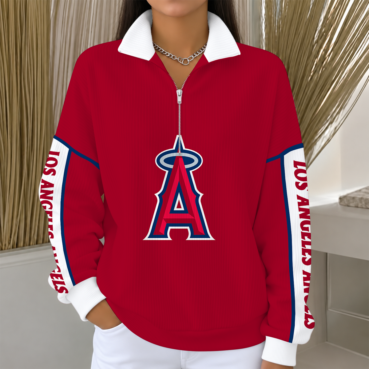 [SPECIAL OFFER] NEW CUSTOMIZED MLB27 LAA LOS ANGELES ANGELS QUARTER ZIP RIBBED SWEATER