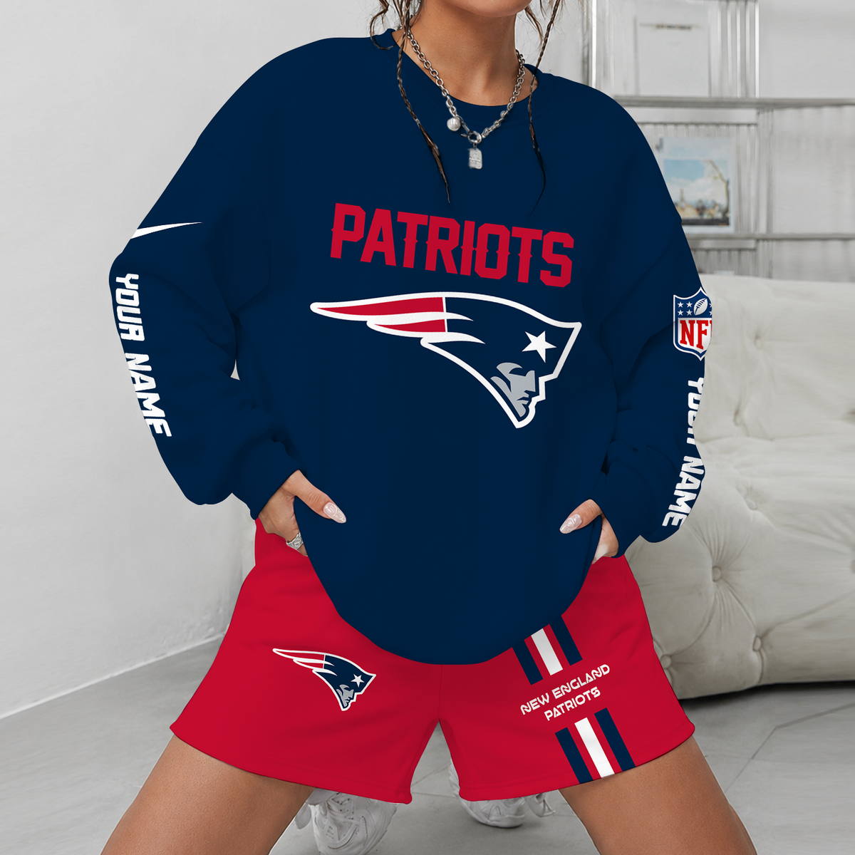 [SPECIAL OFFER] NEW CUSTOMIZED NFL27 NEP NEW ENGLAND PATRIOTS UNISEX SWEATSHIRT & SHORTS SET
