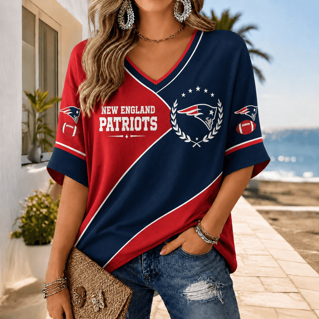 [SPECIAL OFFER] NEW CUSTOMIZED NFL27 NEP NEW ENGLAND PATRIOTS WOMEN'S HEART V-NECK LONG SLEEVE SHIRT