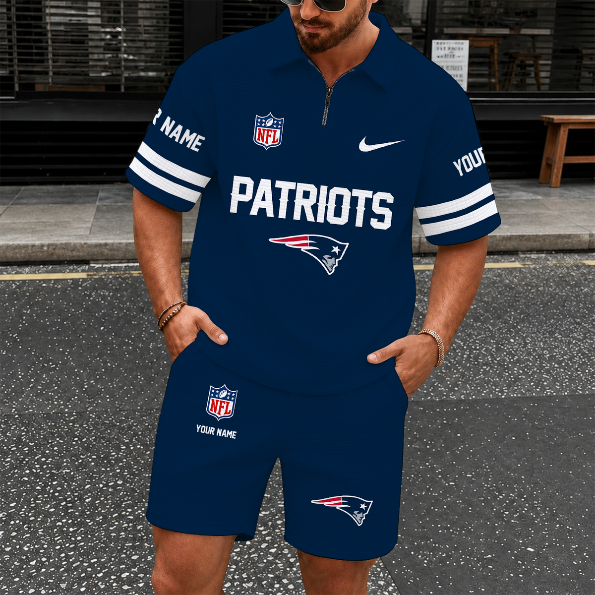[SPECIAL OFFER] NEW CUSTOMIZED NFL27 NEP NEW ENGLAND PATRIOTS QUARTER-ZIP POLO SHIRT & SHORTS SET