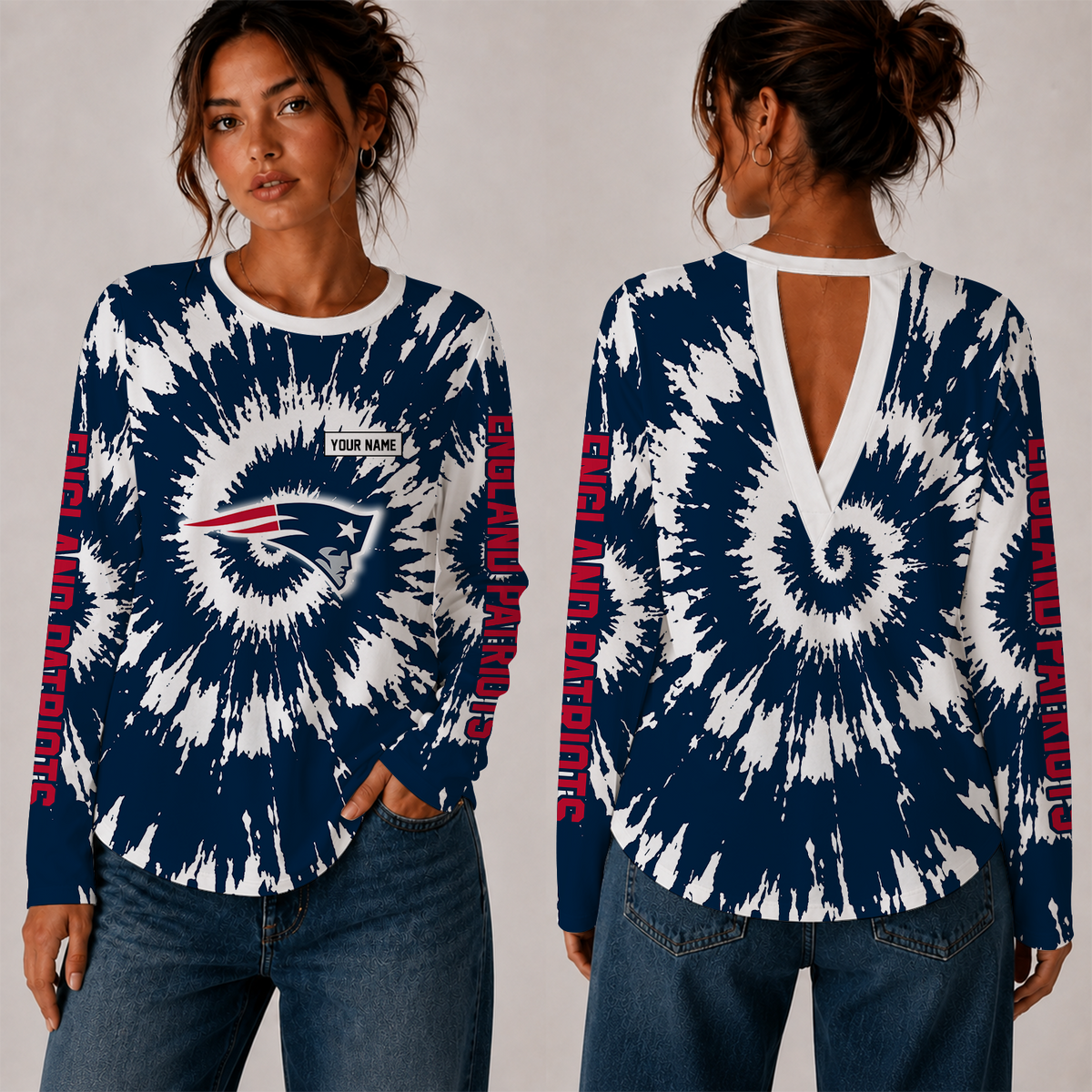 [SPECIAL OFFER] NEW CUSTOMIZED NFL27 NEP NEW ENGLAND PATRIOTS WOMEN'S BACK V-CUT LONG-SLEEVE SHIRT