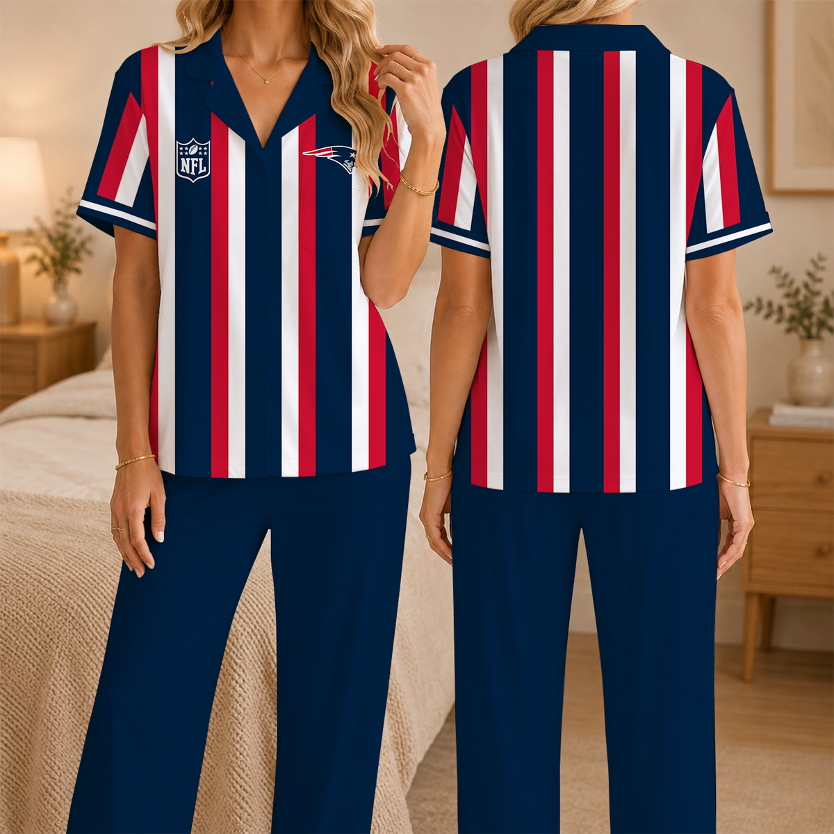 [SPECIAL OFFER] NEW CUSTOMIZED NFL27 NEP NEW ENGLAND PATRIOTS SHORT SLEEVE & LONG PANTS PAJAMAS SET
