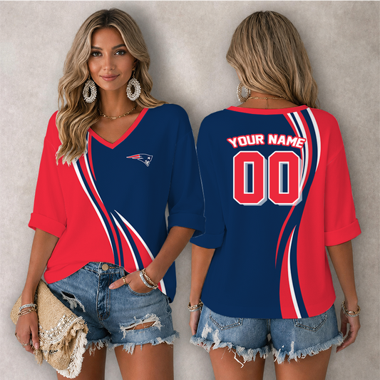 [SPECIAL OFFER] NEW CUSTOMIZED NFL27 NEP NEW ENGLAND PATRIOTS WOMEN'S HEART V-NECK LONG SLEEVE SHIRT