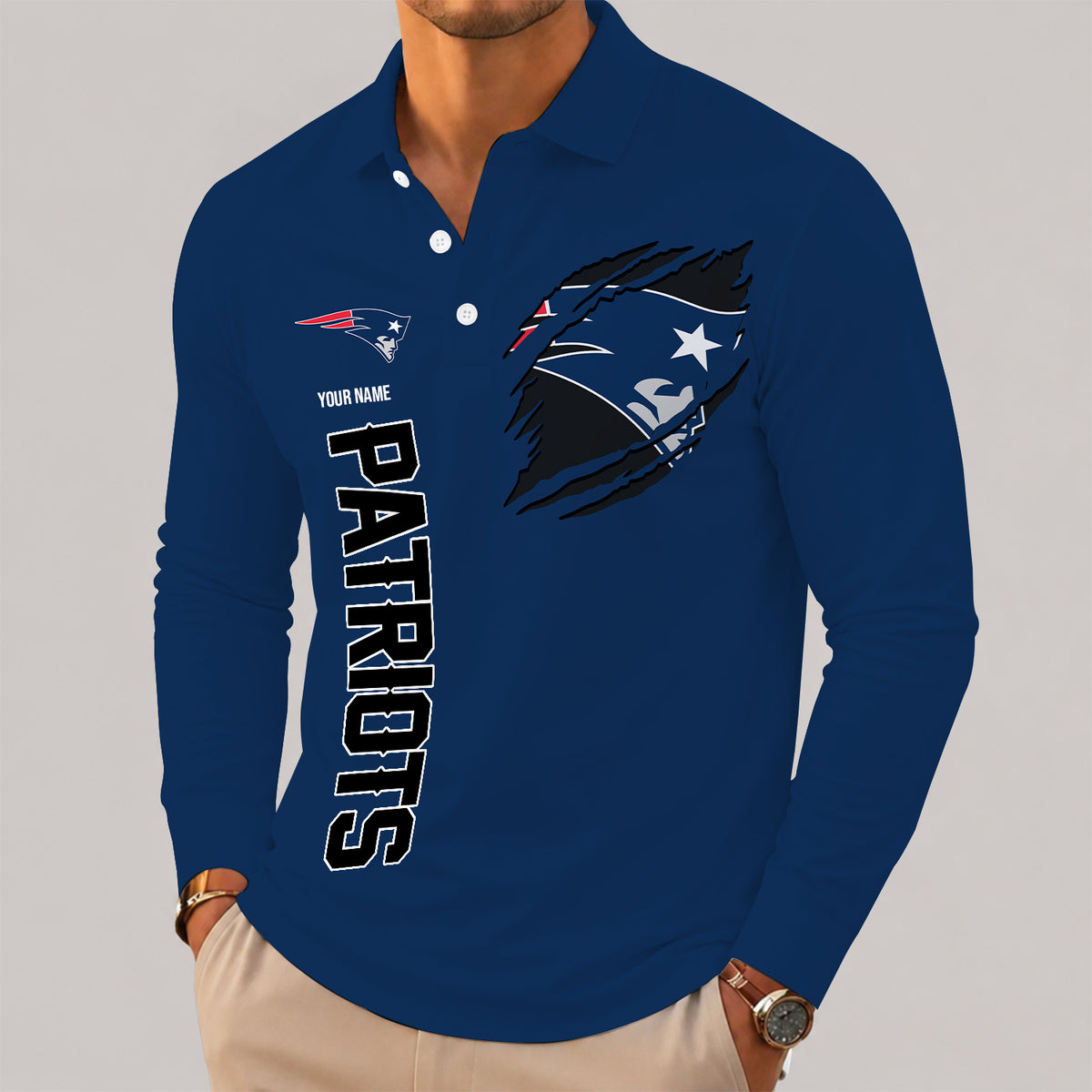 [SPECIAL OFFER] NEW CUSTOMIZED NFL27 NEP NEW ENGLAND PATRIOTS LONG SLEEVE POLO SHIRT