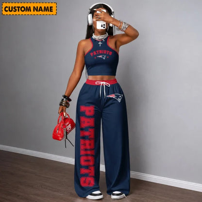 [SPECIAL OFFER] NEW CUSTOMIZED NFL27 NEP NEW ENGLAND PATRIOTS WOMEN'S CROP TOP & LONGPANTS SET