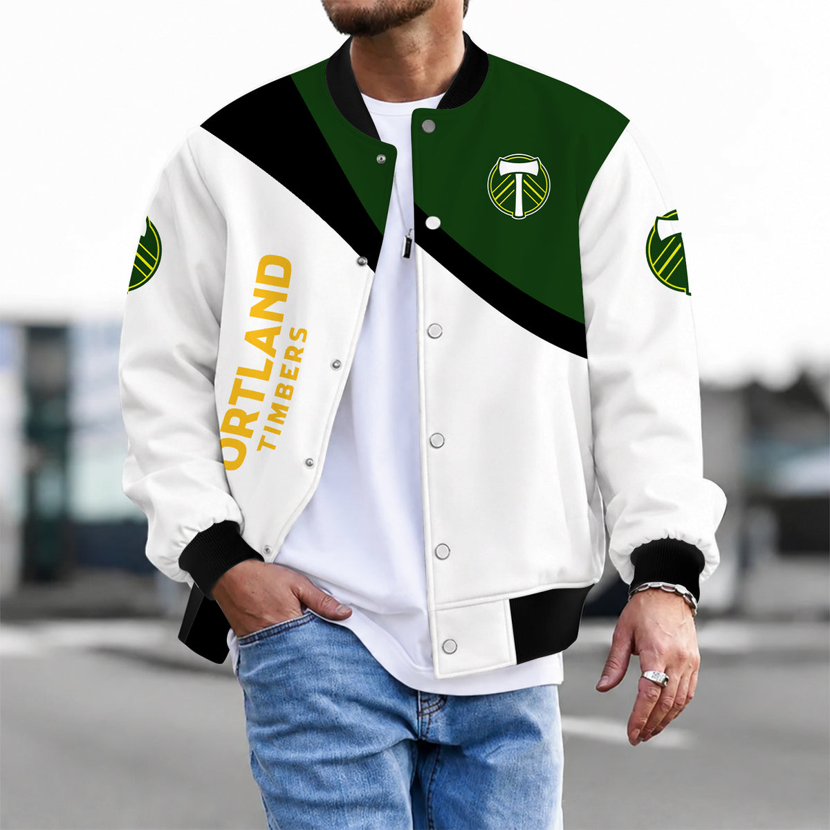[FAN EXCLUSIVE] NEW CUSTOMIZED MLS27 PLT PORTLAND TIMBERS BASEBALL JACKET & SATIN VARSITY JACKET