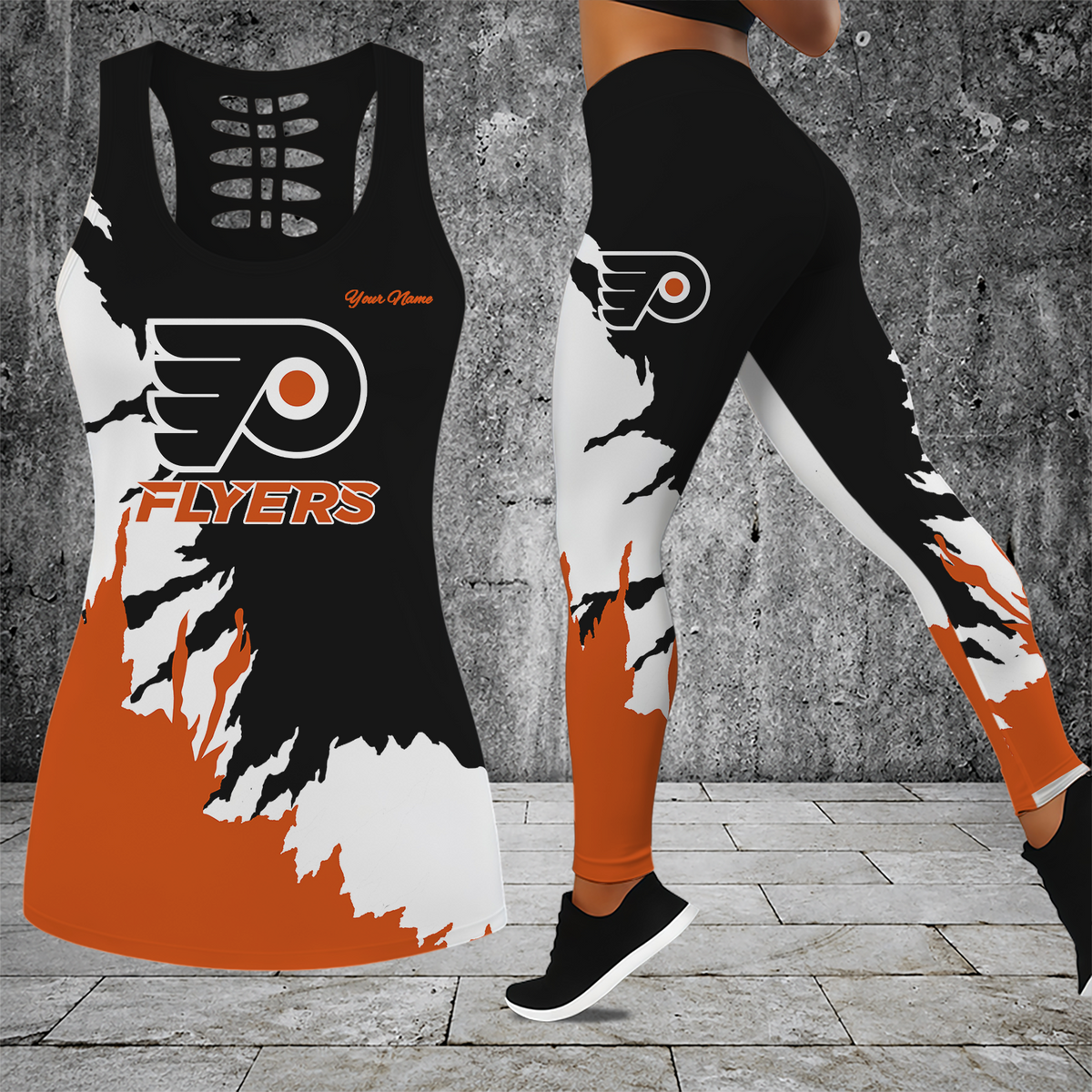 [SUPER SALE] NEW CUSTOMIZED NHL27 PPF PHILADELPHIA FLYERS HOLLOW TANK TOP & LEGGINGS SET