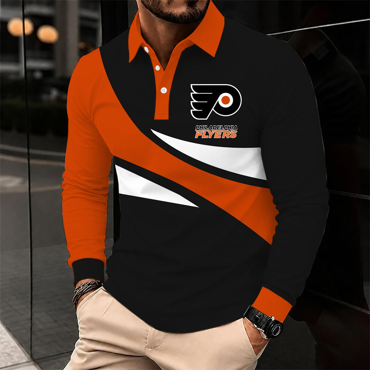 [SUPER SALE] NEW CUSTOMIZED NHL27 PPF PHILADELPHIA FLYERS MEN LONG SLEEVE POLO