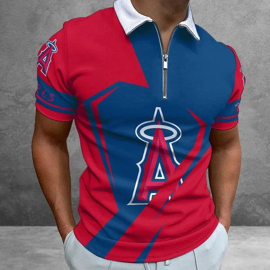 [FLASH SALE] NEW CUSTOMIZED MLB27 LAA LOS ANGELES ANGELS ZIP POLO SHIRT