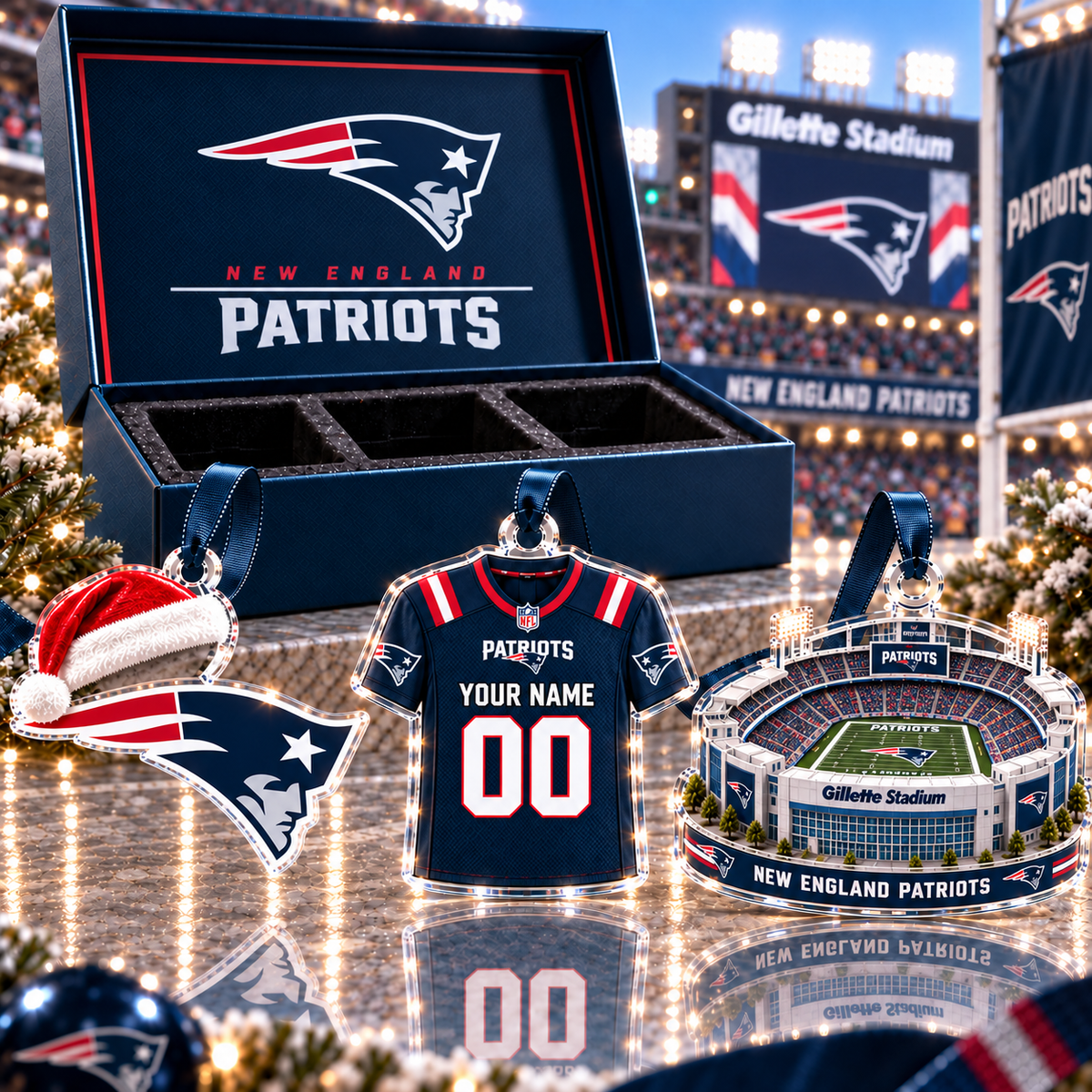 [FULL SET 3 ITEMS - NO BOX] NEW CUSTOMIZED NFL27 NEP NEW ENGLAND PATRIOTS CHRISTMAS ACRYLIC ORNAMENT