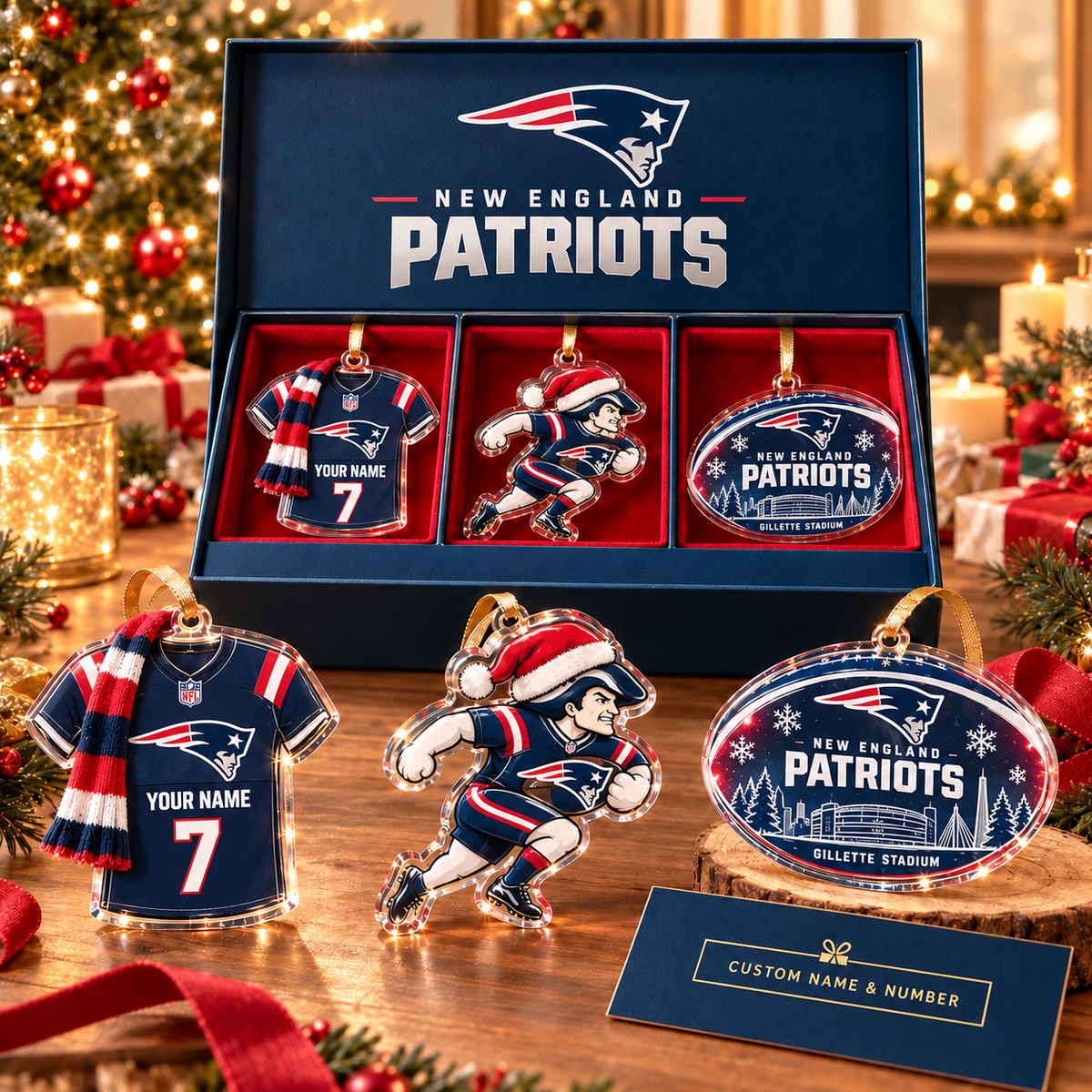 [FULL SET 3 ITEMS - NO BOX] NEW CUSTOMIZED NFL27 NEP NEW ENGLAND PATRIOTS CHRISTMAS ACRYLIC ORNAMENT