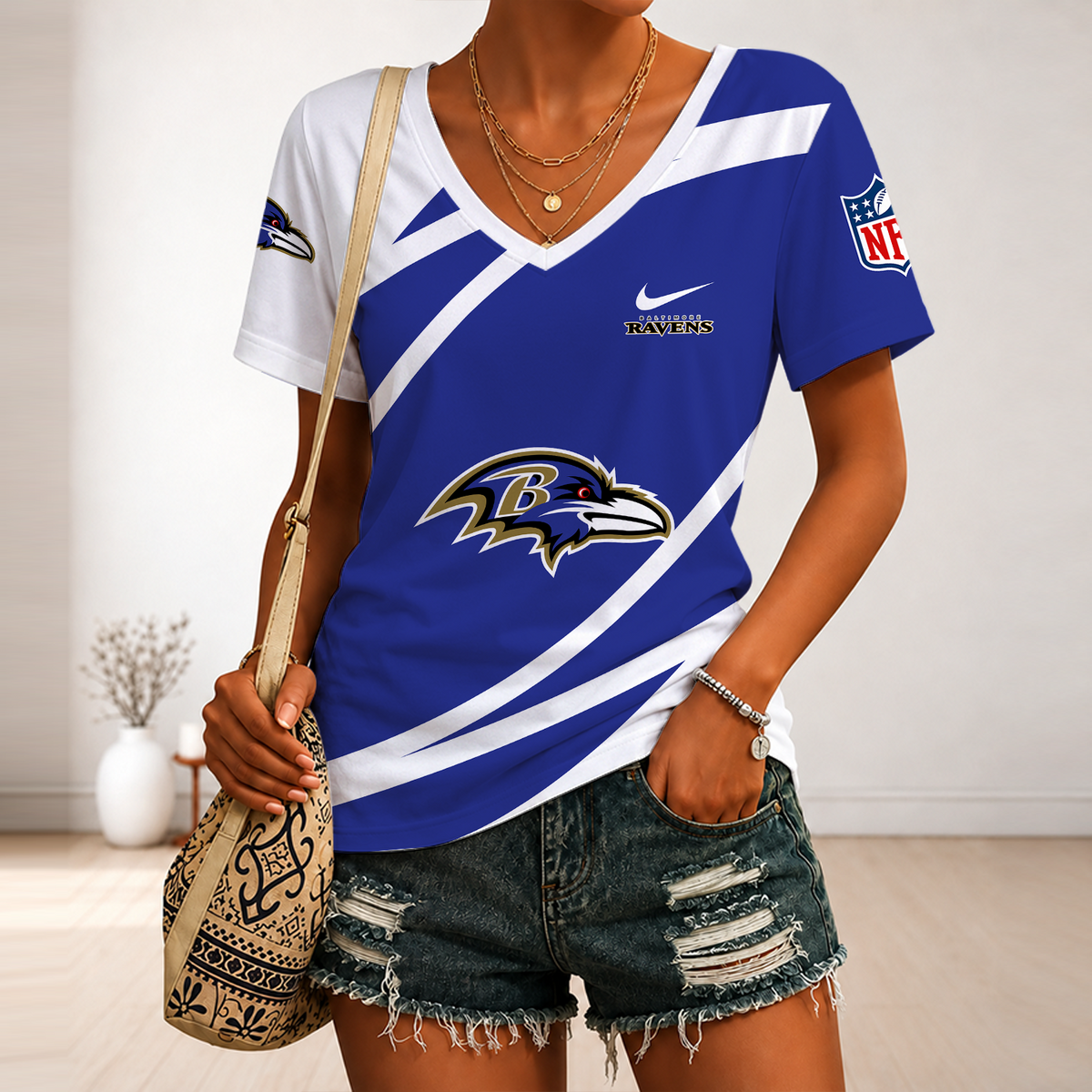 [SPECIAL OFFER] NEW CUSTOMIZED NFL28 BTR BALTIMORE RAVENS V-NECK FEMALE SHIRT