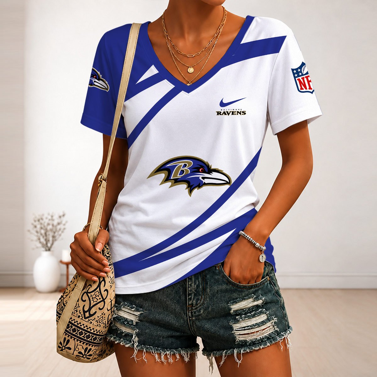 [SPECIAL OFFER] NEW CUSTOMIZED NFL28 BTR BALTIMORE RAVENS V-NECK FEMALE SHIRT