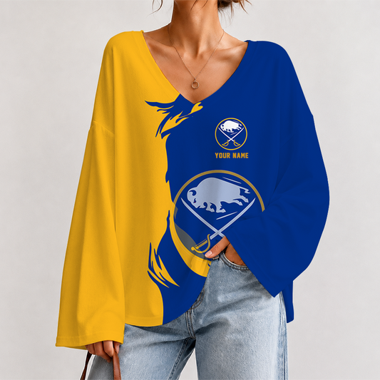 [SUPER SALE] NEW CUSTOMIZED NHL28 BFS BUFFALO SABRES V-NECK LONG SLEEVED CROP TOP