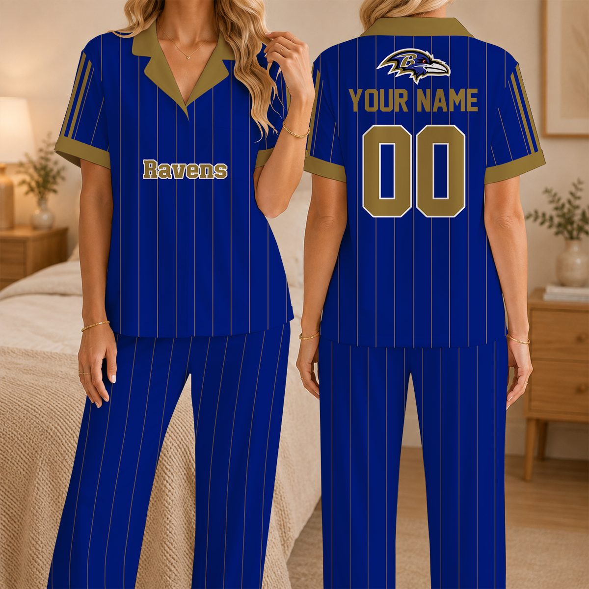 [SPECIAL OFFER] NEW CUSTOMIZED NFL28 BTR BALTIMORE RAVENS SHORT SLEEVE & LONG PANTS PAJAMAS SET