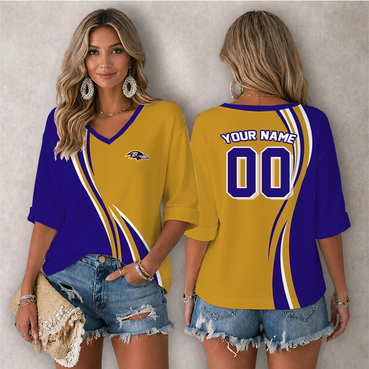 [SPECIAL OFFER] NEW CUSTOMIZED NFL28 BTR BALTIMORE RAVENS WOMEN'S HEART V-NECK LONG SLEEVE SHIRT