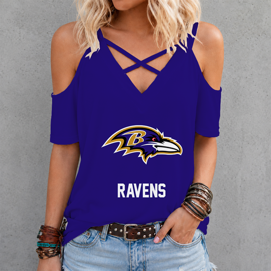 [SPECIAL OFFER] NEW CUSTOMIZED NFL28 BTR BALTIMORE RAVENS CRISS CROSS V-NECK TOP