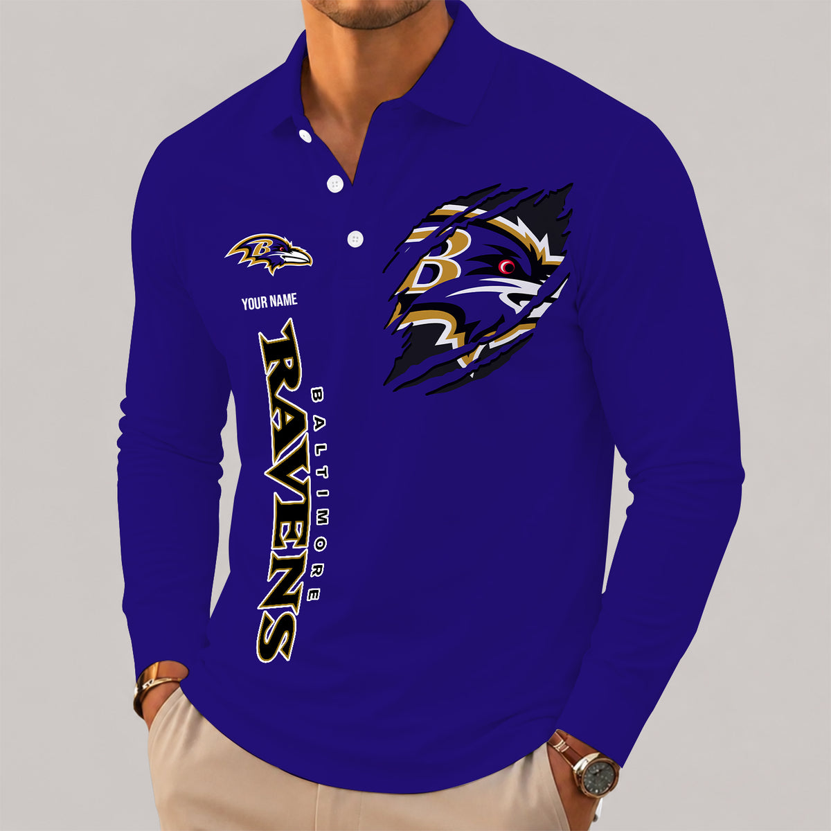 [SPECIAL OFFER] NEW CUSTOMIZED NFL28 BTR BALTIMORE RAVENS LONG SLEEVE POLO SHIRT
