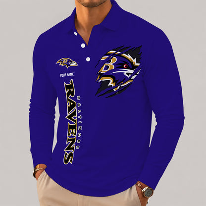 [SPECIAL OFFER] NEW CUSTOMIZED NFL28 BTR BALTIMORE RAVENS LONG SLEEVE POLO SHIRT