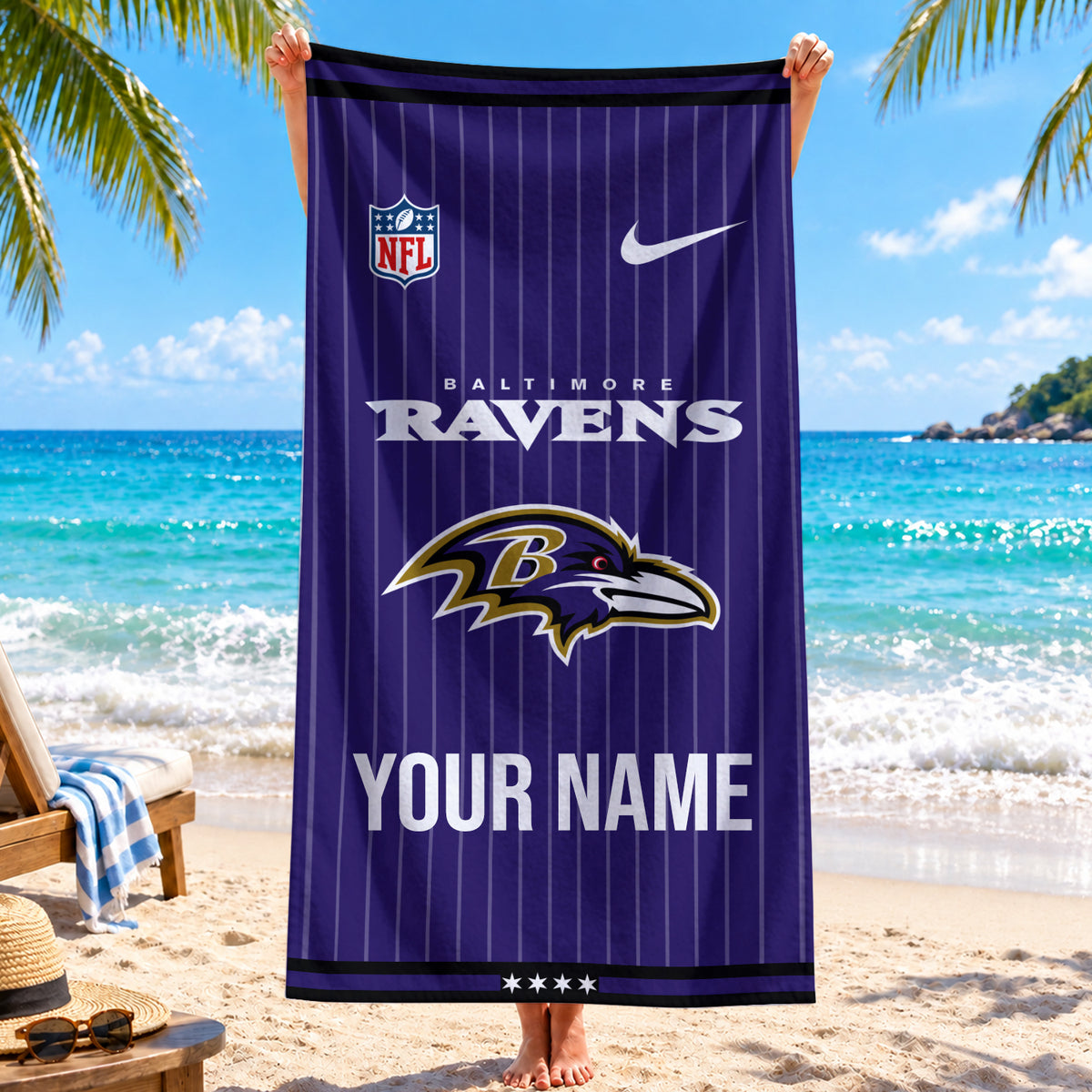 [SPECIAL OFFER] NEW CUSTOMIZED NFL28 BTR BALTIMORE RAVENS BEACH TOWEL