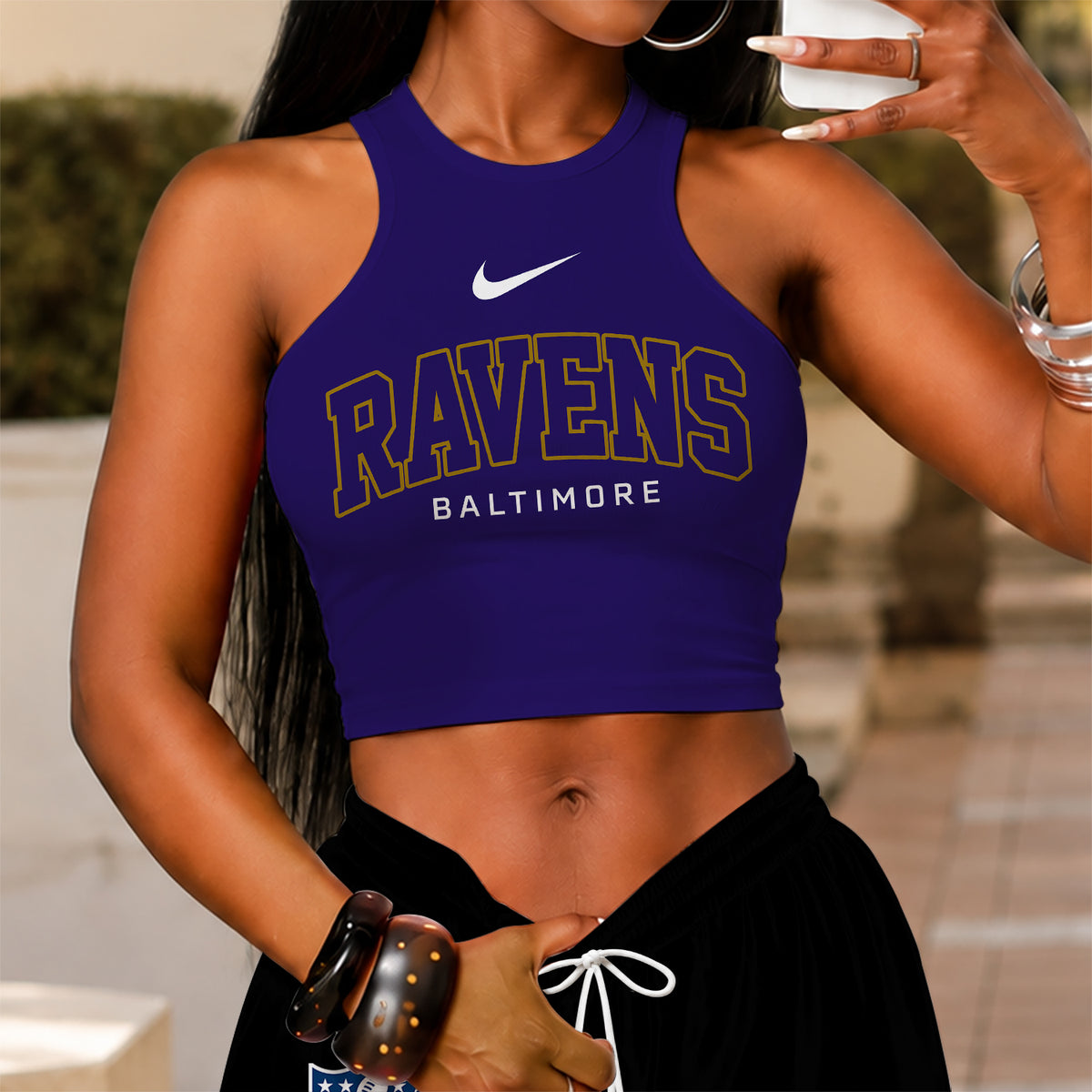 [SPECIAL OFFER] NEW CUSTOMIZED NFL28 BTR BALTIMORE RAVENS WOMEN'S CROP TOP & LONGPANTS SET