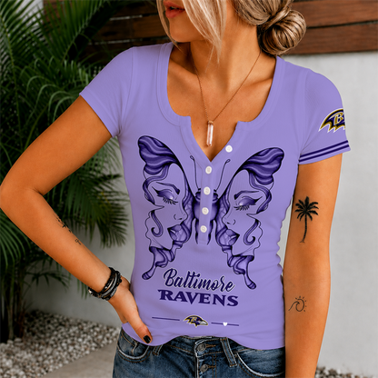 [SPECIAL OFFER] NEW CUSTOMIZED NFL28 BTR BALTIMORE RAVENS WOMEN'S SHORT SLEEVE HENLEY T-SHIRT