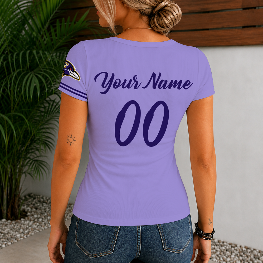[SPECIAL OFFER] NEW CUSTOMIZED NFL28 BTR BALTIMORE RAVENS WOMEN'S SHORT SLEEVE HENLEY T-SHIRT