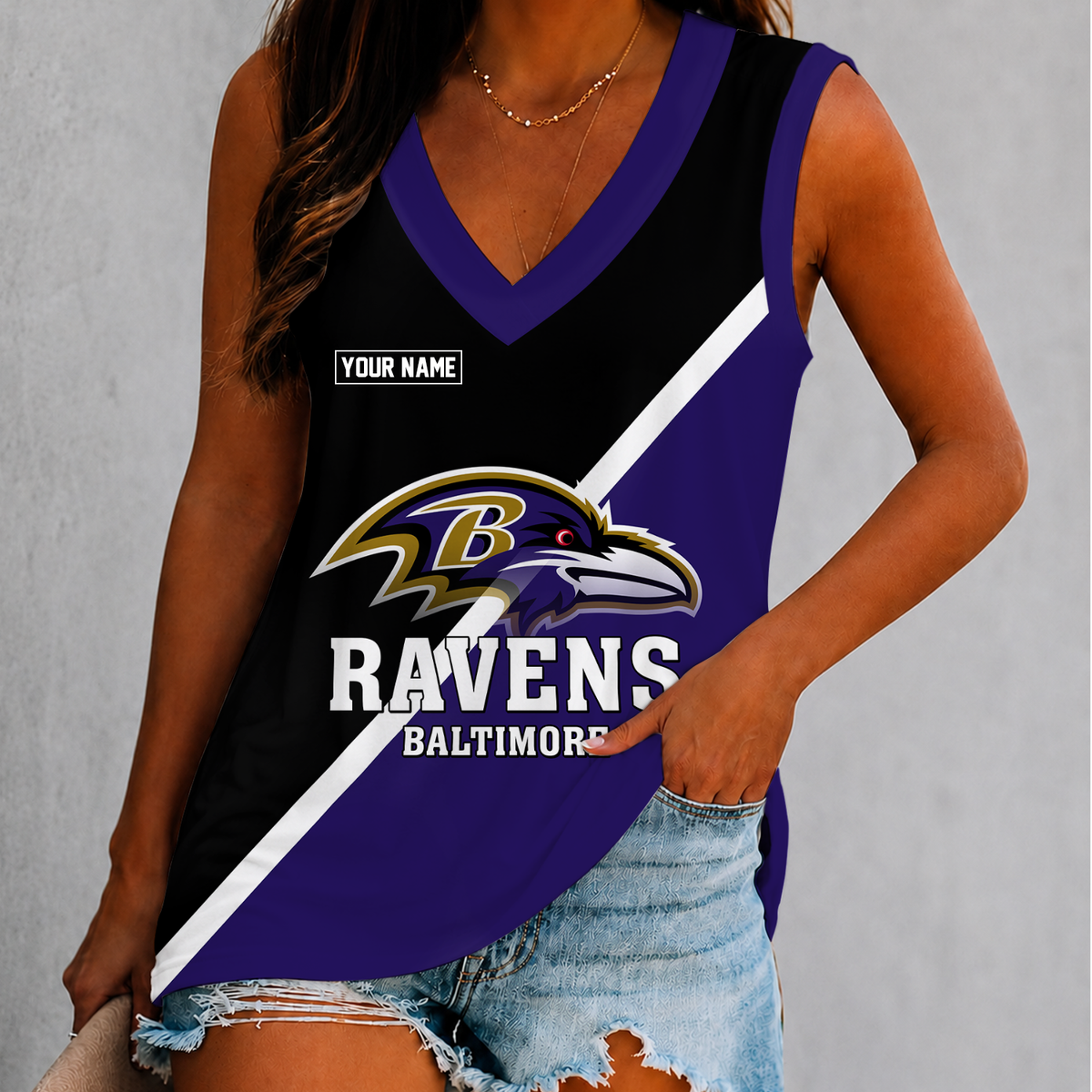 [SPECIAL OFFER] NEW CUSTOMIZED NFL28 BTR BALTIMORE RAVENS WOMEN'S V-NECK TANK TOP