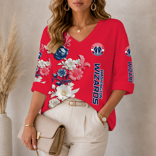 LIMITED EDITION - NEW CUSTOMIZED NBA28 WWI WASHINGTON WIZARDS WOMEN'S V-NECK LONG SLEEVE SHIRT