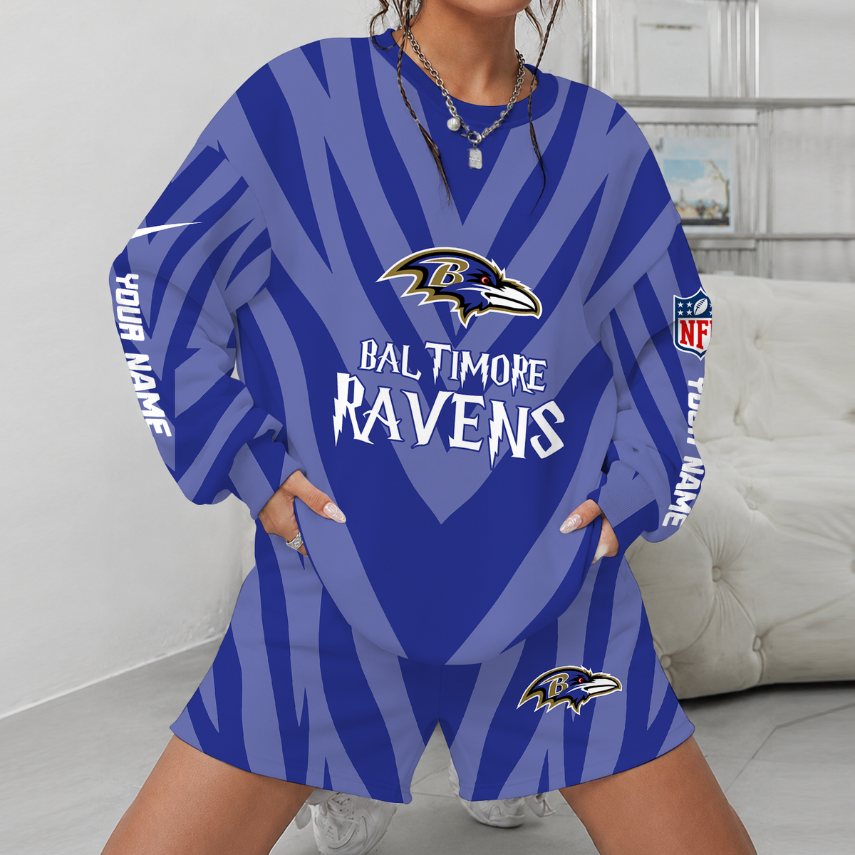 [SPECIAL OFFER] NEW CUSTOMIZED NFL28 BTR BALTIMORE RAVENS UNISEX SWEATSHIRT & SHORTS SET