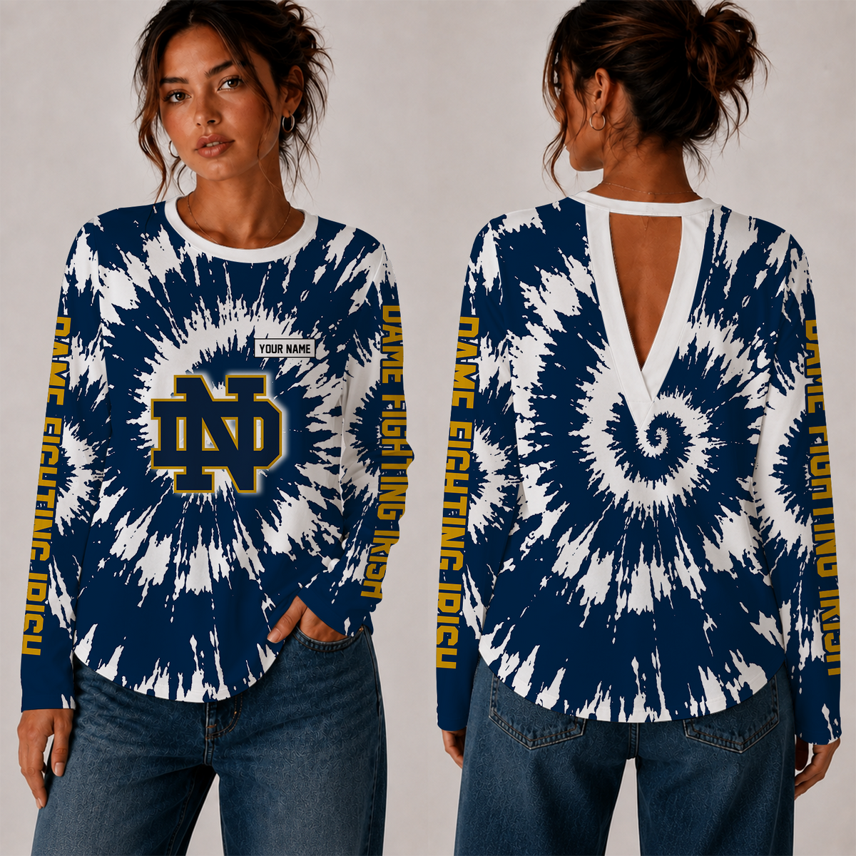 [FAN FAVORITE] NEW CUSTOMIZED NCAA FBS28 NFI NOTRE DAME FIGHTING IRISH WOMEN'S BACK V-CUT LONG-SLEEVE SHIRT