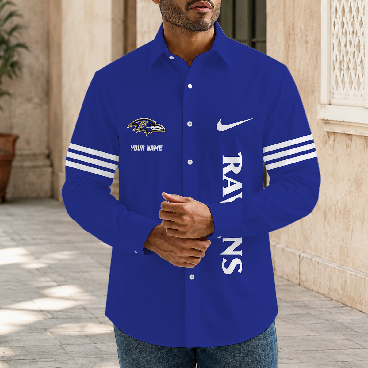[SPECIAL OFFER] NEW CUSTOMIZED NFL28 BTR BALTIMORE RAVENS MEN'S LONG SLEEVE BUTTON-UP SHIRT