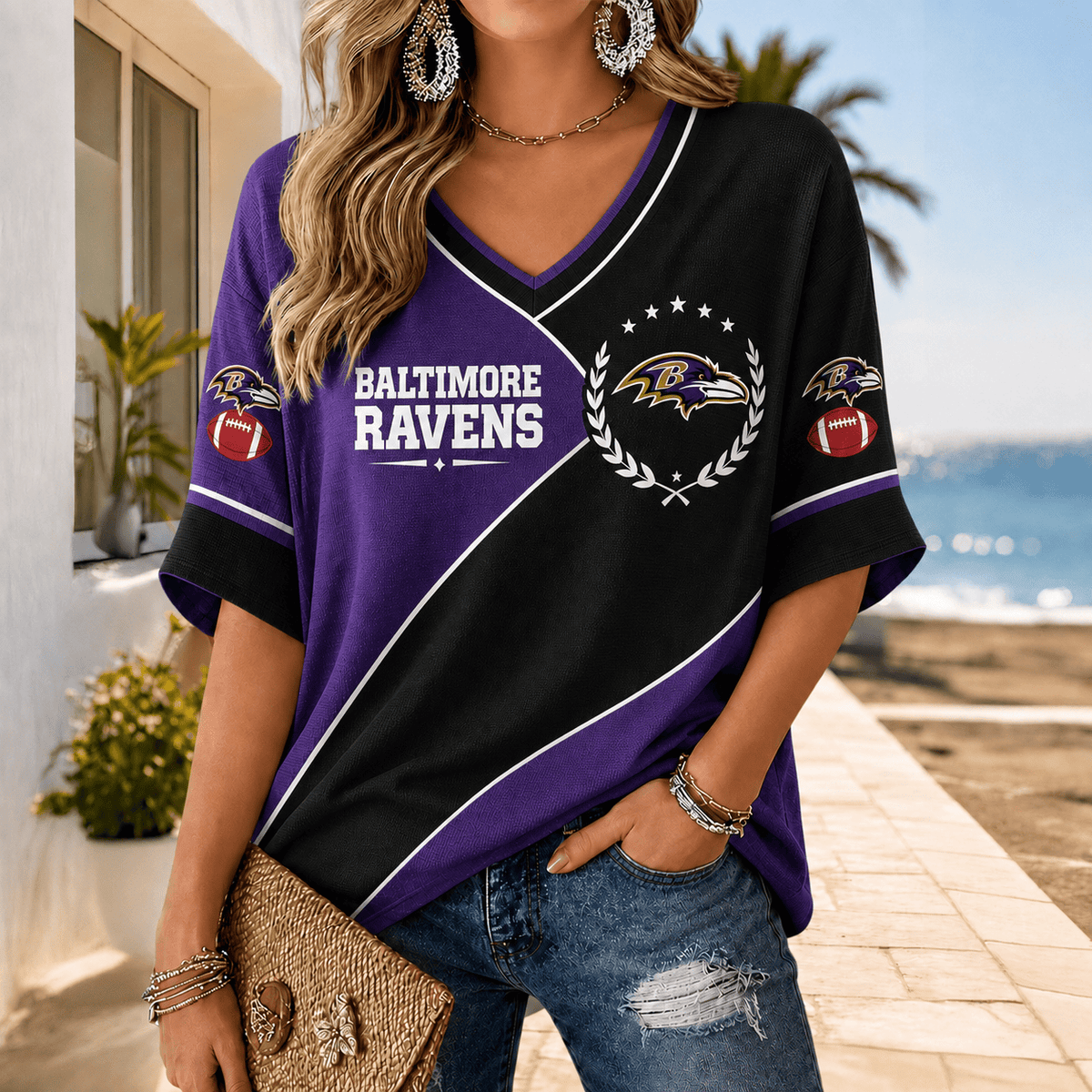 [SPECIAL OFFER] NEW CUSTOMIZED NFL28 BTR BALTIMORE RAVENS WOMEN'S HEART V-NECK LONG SLEEVE SHIRT