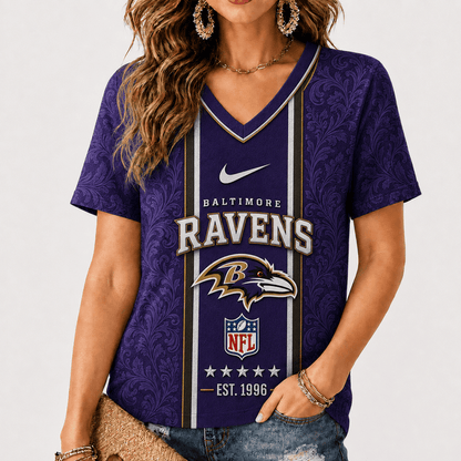 [SPECIAL OFFER] NEW CUSTOMIZED NFL28 BTR BALTIMORE RAVENS V-NECK FEMALE SHIRT