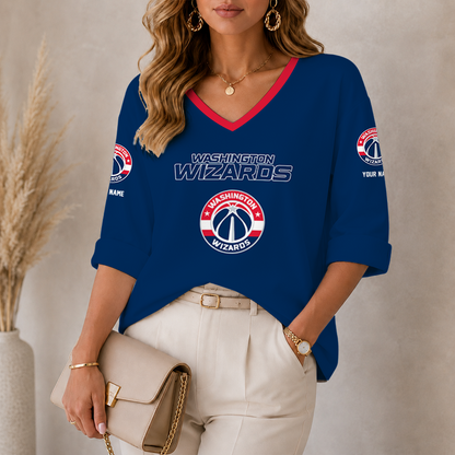 [HOT DEAL] NEW CUSTOMIZED NBA28 WWI WASHINGTON WIZARDS WOMEN'S HEART V-NECK LONG SLEEVE SHIRT