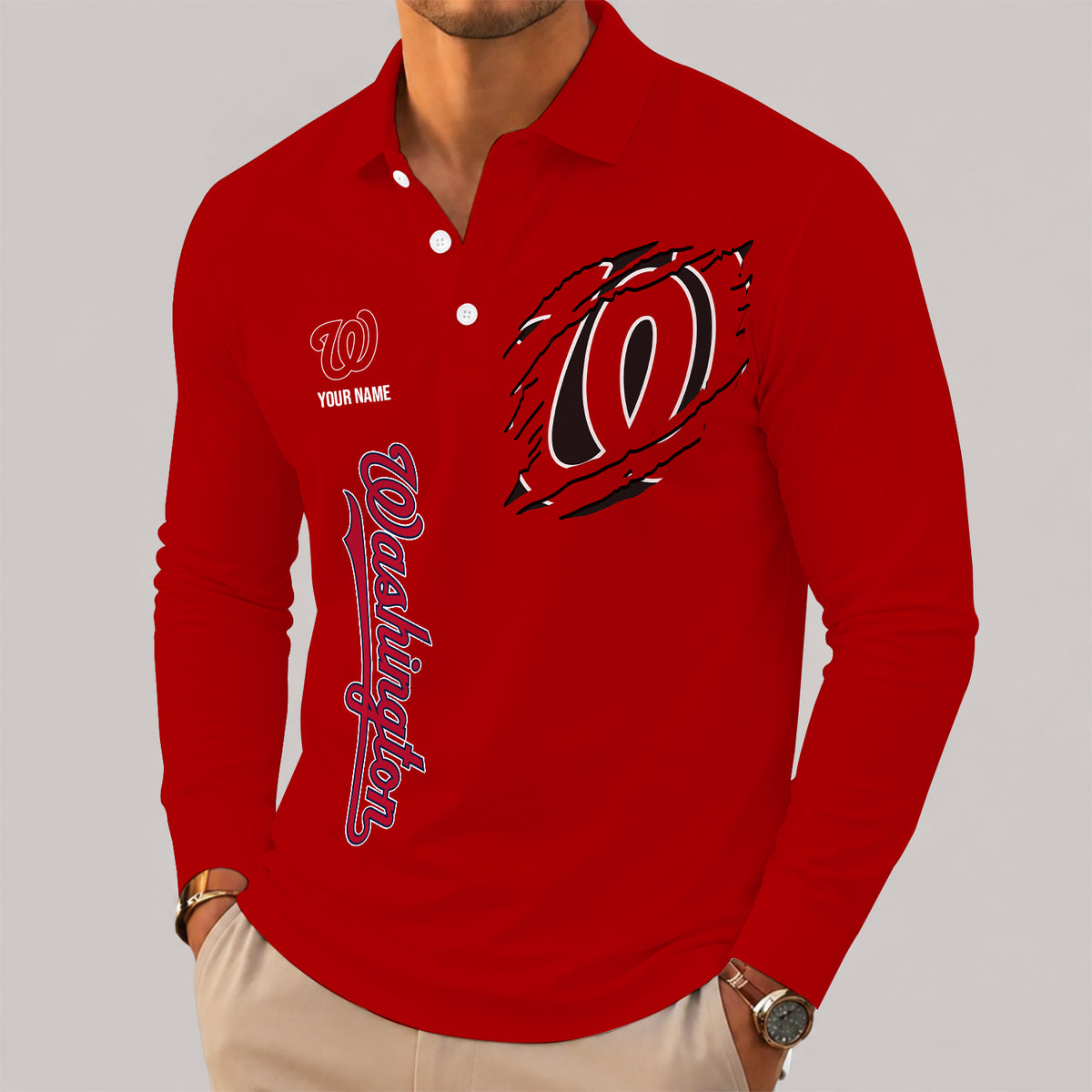 [FLASH SALE] NEW CUSTOMIZED MLB28 WNS WASHINGTON NATIONALS MEN'S LONG SLEEVE POLO
