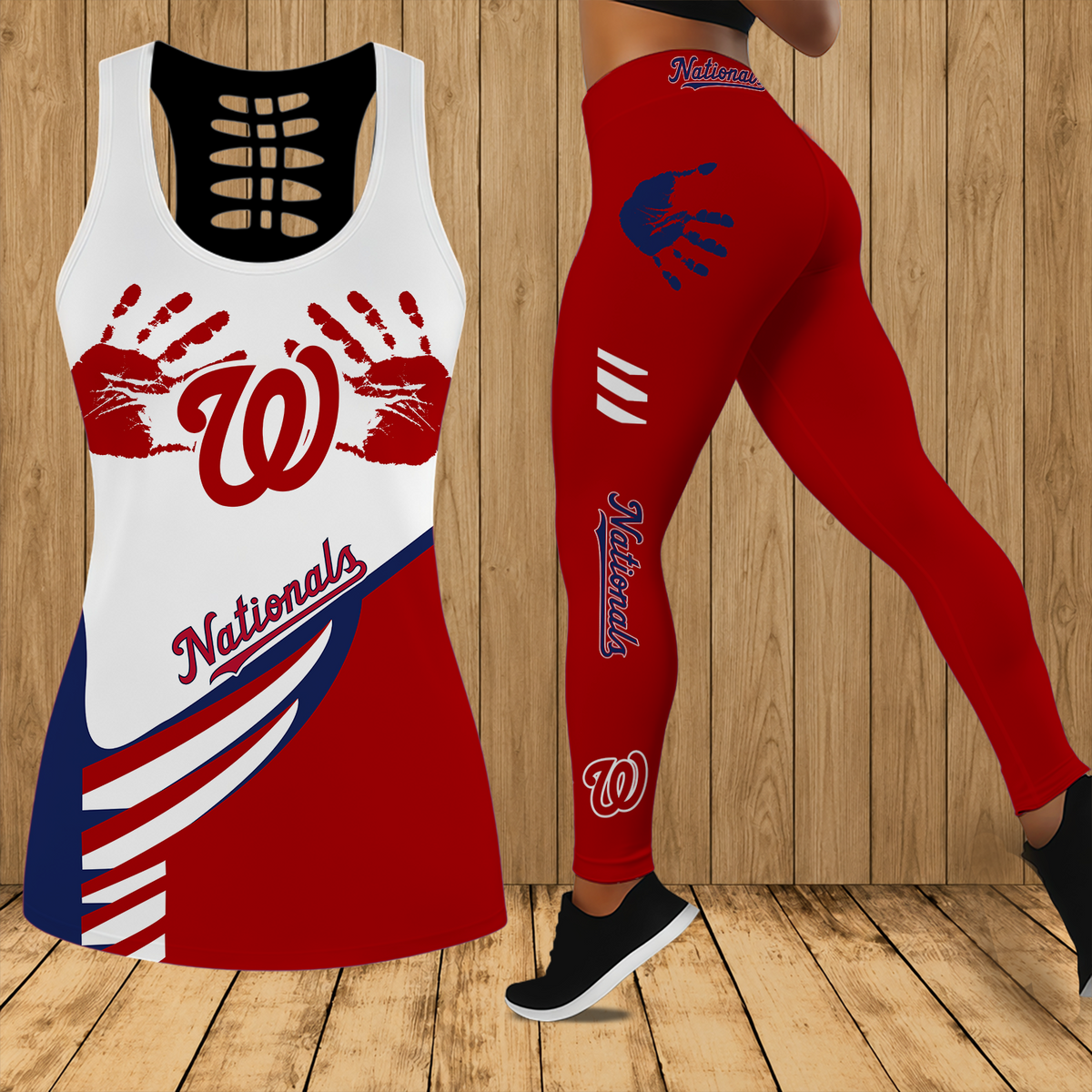 [FLASH SALE] NEW CUSTOMIZED MLB28 WNS WASHINGTON NATIONALS HOLLOW TANK TOP & LEGGINGS SET