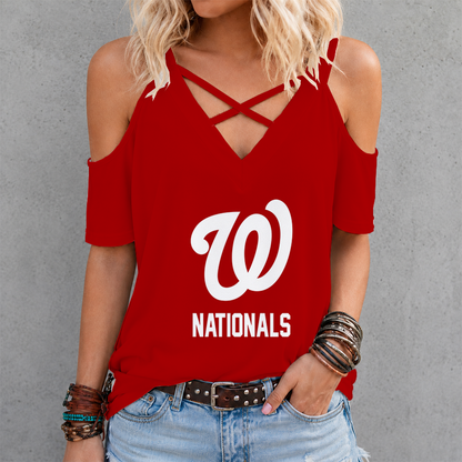 [FLASH SALE] NEW CUSTOMIZED MLB28 WNS WASHINGTON NATIONALS CRISS CROSS V-NECK TOP
