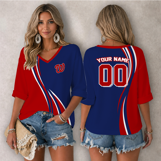 [FLASH SALE] NEW CUSTOMIZED MLB28 WNS WASHINGTON NATIONALS WOMEN'S HEART V-NECK LONG SLEEVE SHIRT