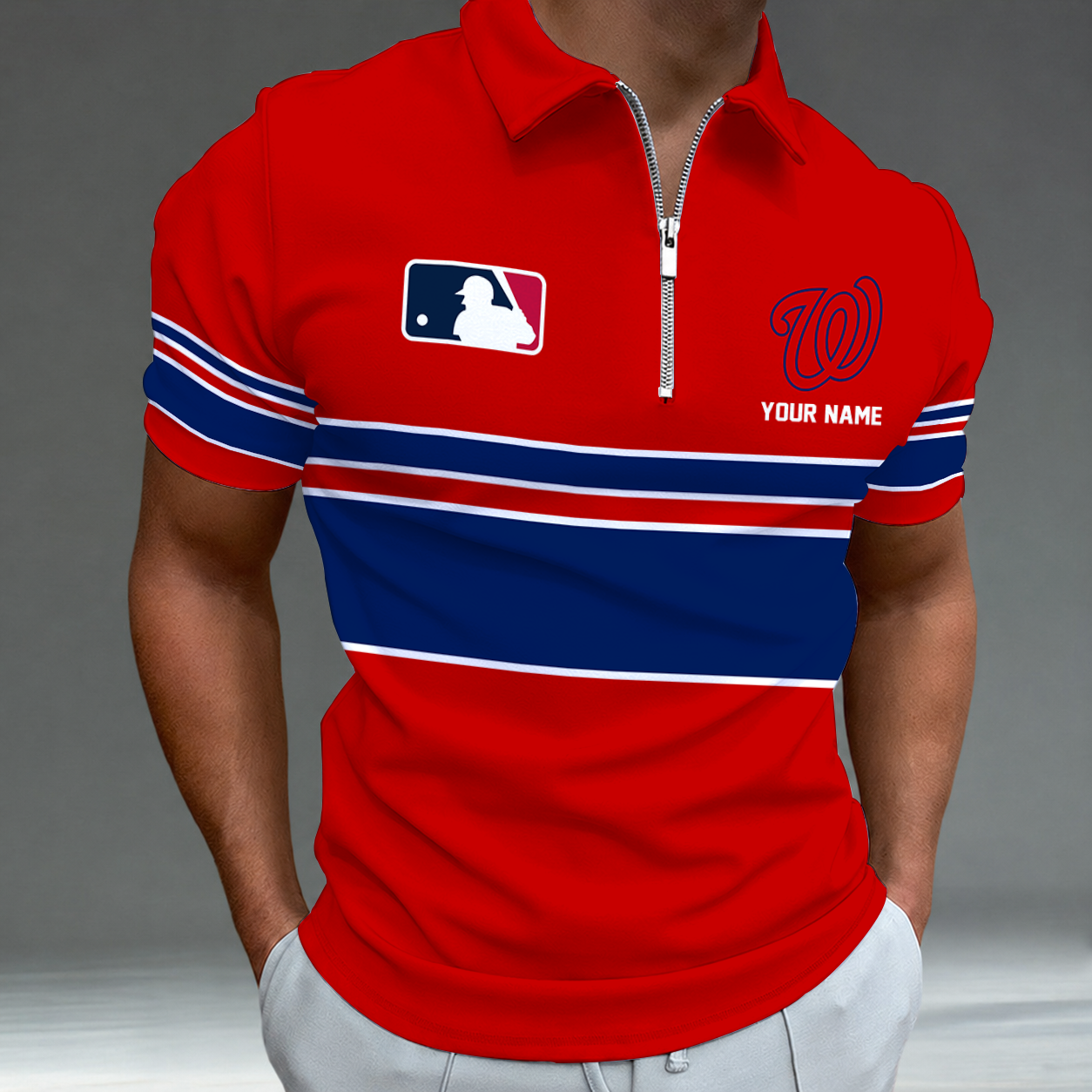 LIMITED EDITION - NEW CUSTOMIZED MLB28 WNS WASHINGTON NATIONALS ZIP POLO SHIRT