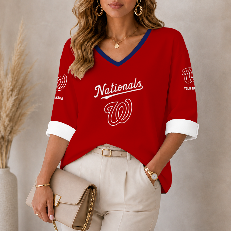 [FLASH SALE] NEW CUSTOMIZED MLB28 WNS WASHINGTON NATIONALS WOMEN'S HEART V-NECK LONG SLEEVE SHIRT