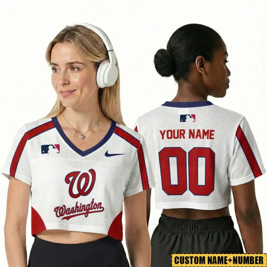 [FLASH SALE] NEW CUSTOMIZED MLB28 WNS WASHINGTON NATIONALS V-NECK JERSEY CROP TOP