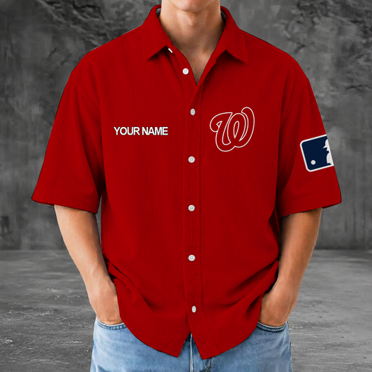 [FLASH SALE] NEW CUSTOMIZED MLB28 WNS WASHINGTON NATIONALS SEERSUCKER BUTTON SHIRT