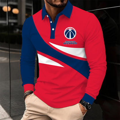 [HOT DEAL] NEW CUSTOMIZED NBA28 WWI WASHINGTON WIZARDS MEN LONG SLEEVE POLO