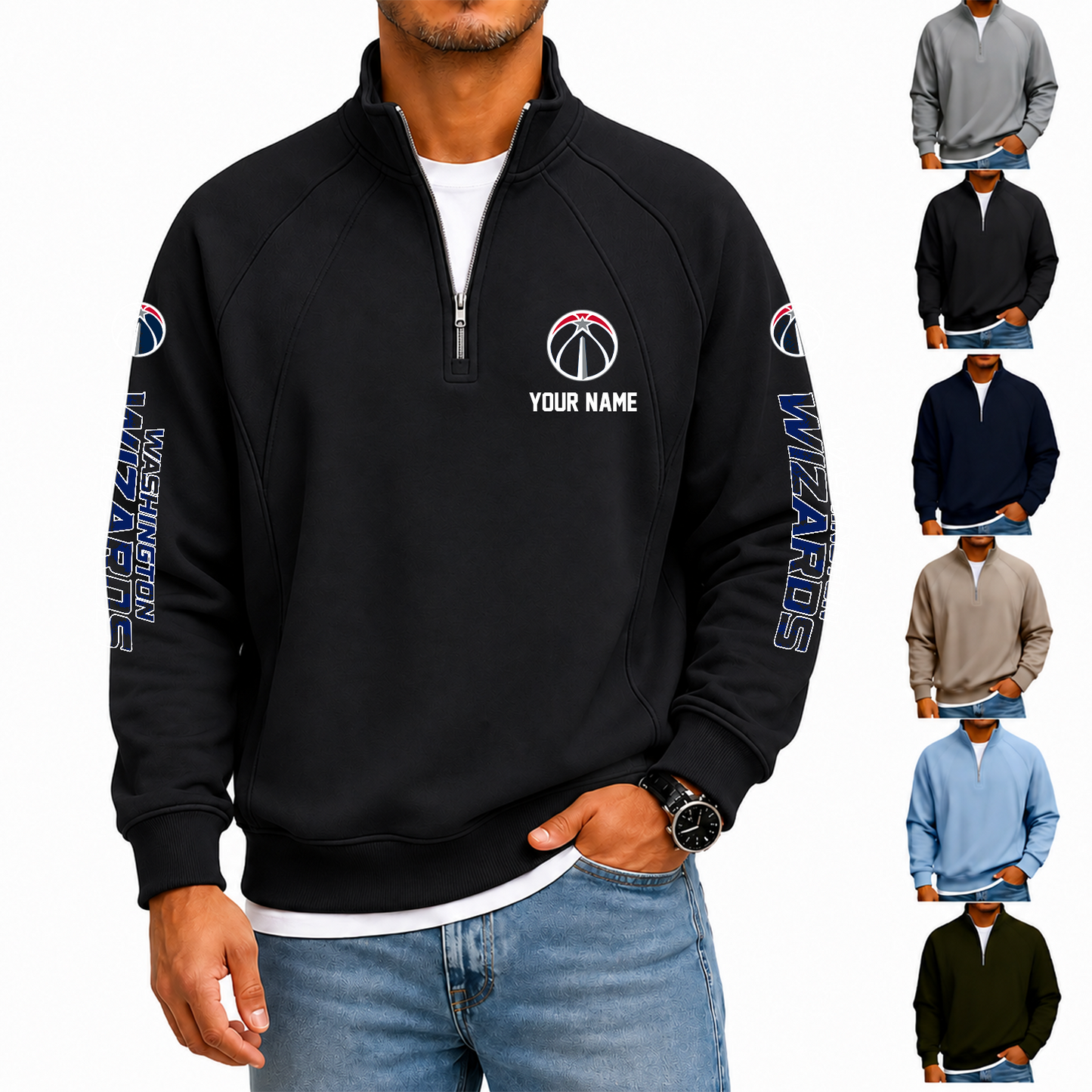 [HOT DEAL] NEW CUSTOMIZED NBA28 WWI WASHINGTON WIZARDS  MEN'S QUARTER ZIP PULLOVER