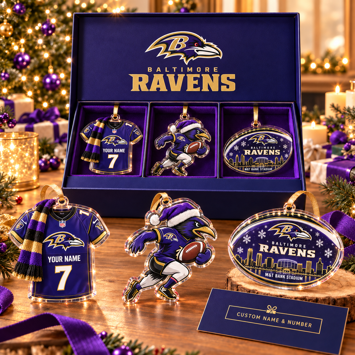 [FULL SET 3 ITEMS - NO BOX] NEW CUSTOMIZED NFL28 BTR BALTIMORE RAVENS CHRISTMAS ACRYLIC ORNAMENT