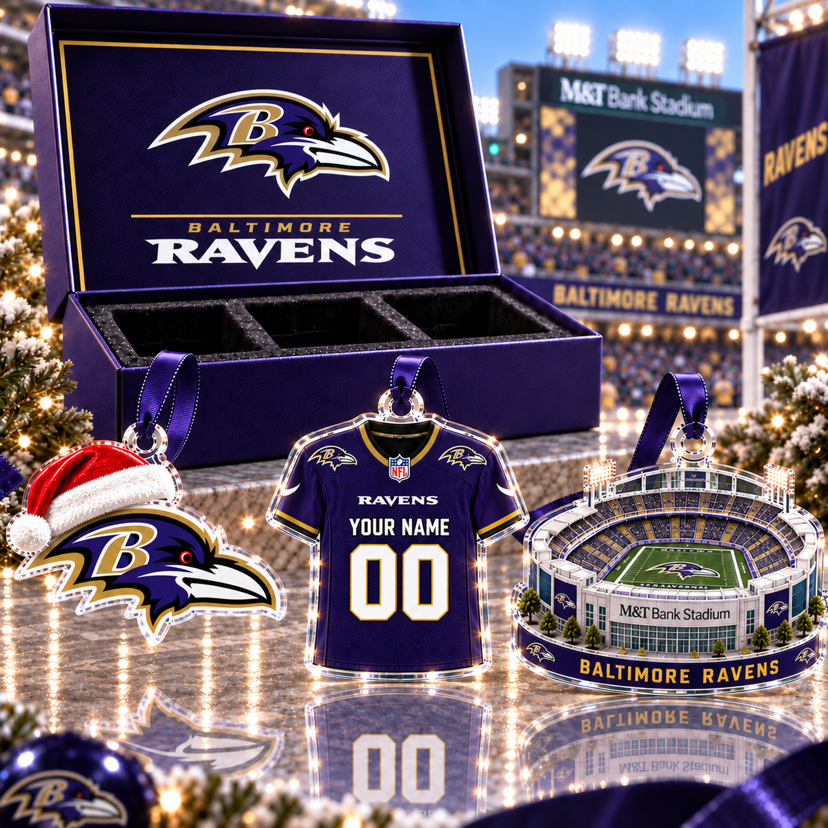 [FULL SET 3 ITEMS - NO BOX] NEW CUSTOMIZED NFL28 BTR BALTIMORE RAVENS CHRISTMAS ACRYLIC ORNAMENT